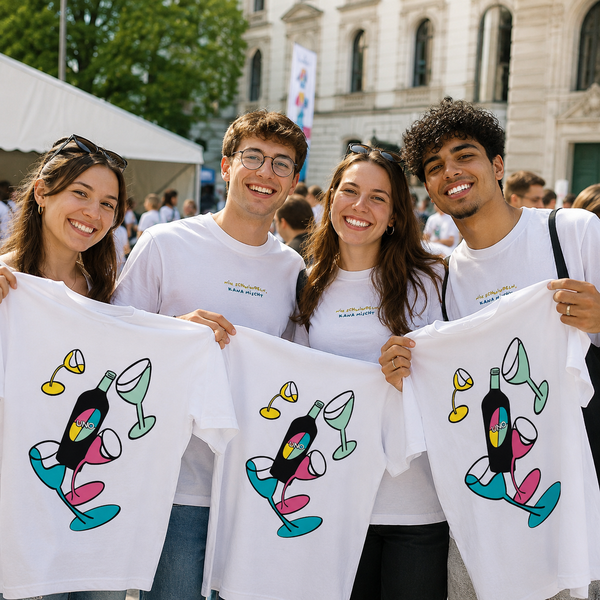 Nachhaltig bedruckte T-Shirts mit hochwertigem Textildruck für eine Uni.