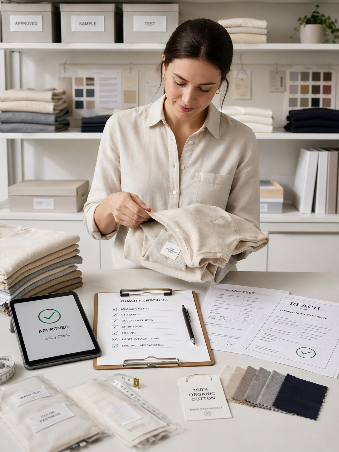 Elegant Fair Trade shirt made from organic cotton, embroidered with a logo for professional, sustainable workwear. The model shows the exact placement of the 'Your Logo' placeholder on the left chest.