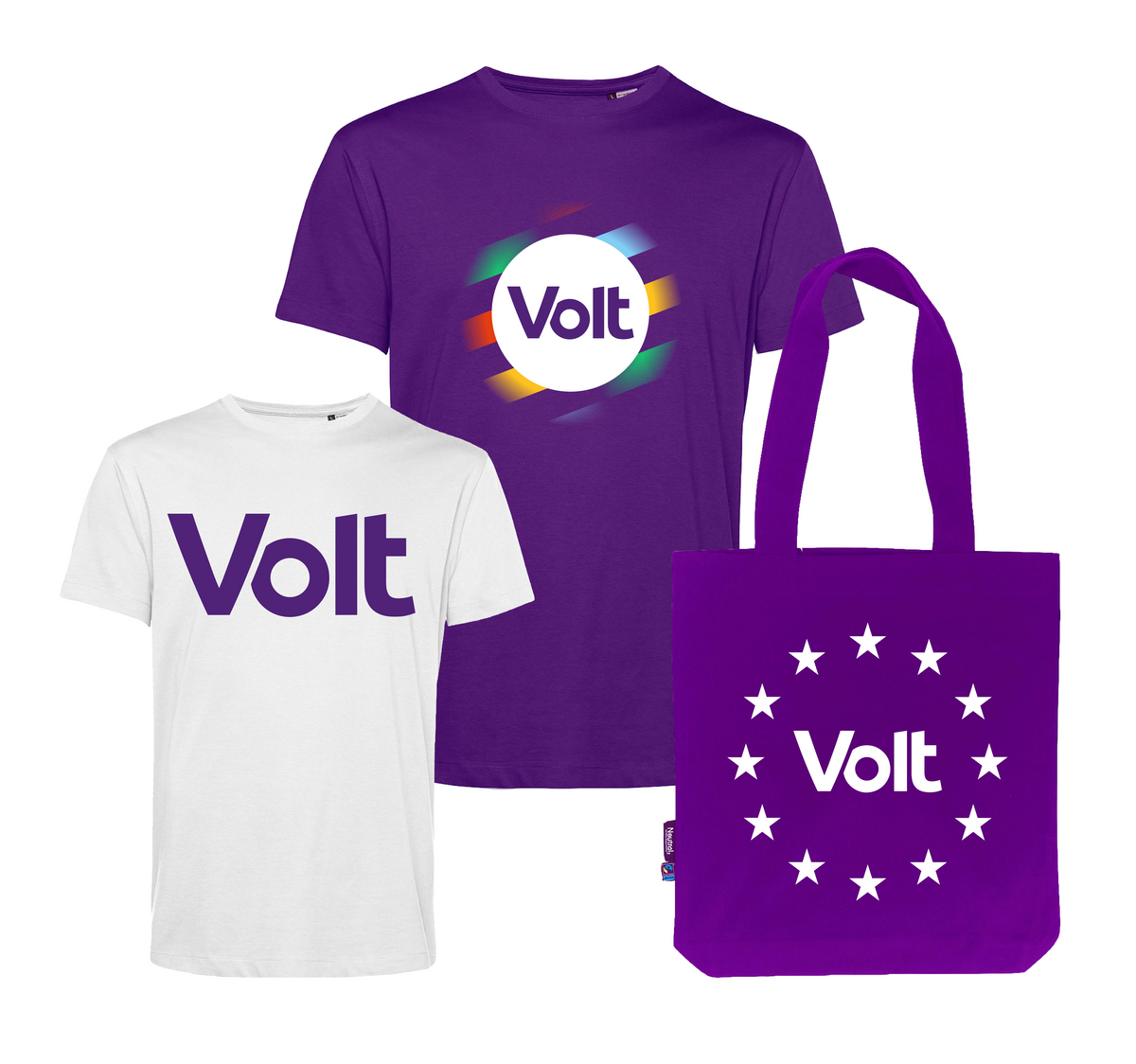 Nachhaltige Partnerseite in Zusammenarbeit mit Volt. Verkauft werden T-Shirts, Taschen und Hoodie die On Demand bedruckt werden