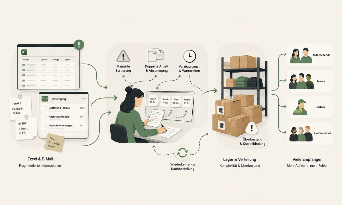 Illustration with dashboard, shelving system, and multiple people involved in warehousing, distribution, and reordering, highlighting the challenge of manual ordering processes without digital integration