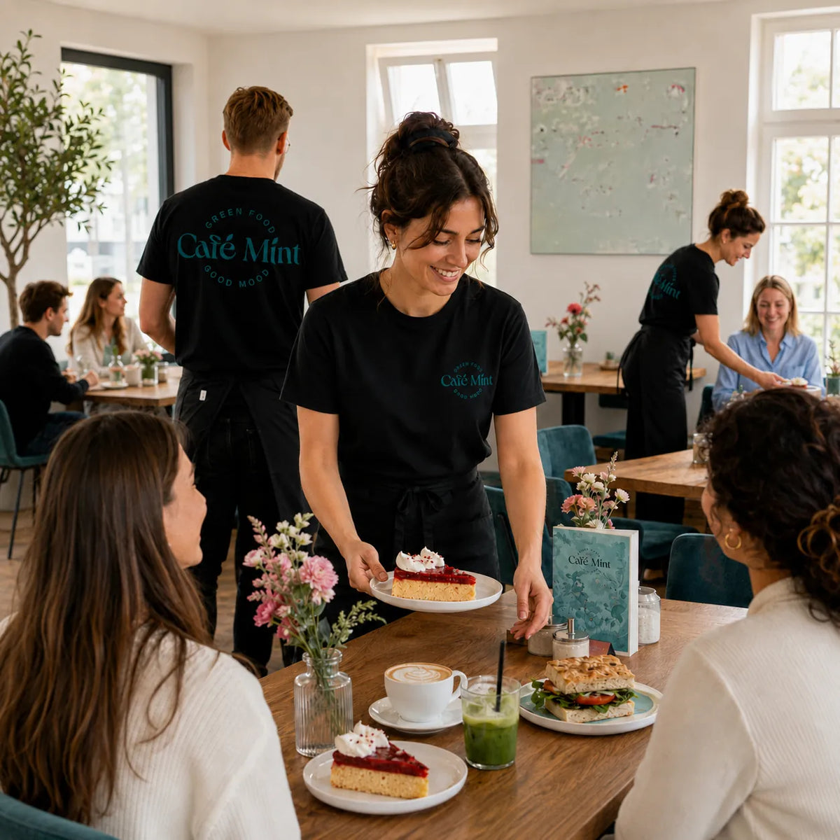 Nachhaltige Team-Shirts für das Café Mint Fulda aus Bio-Baumwolle mit großflächigem Logo-Print in Mint-Grün.