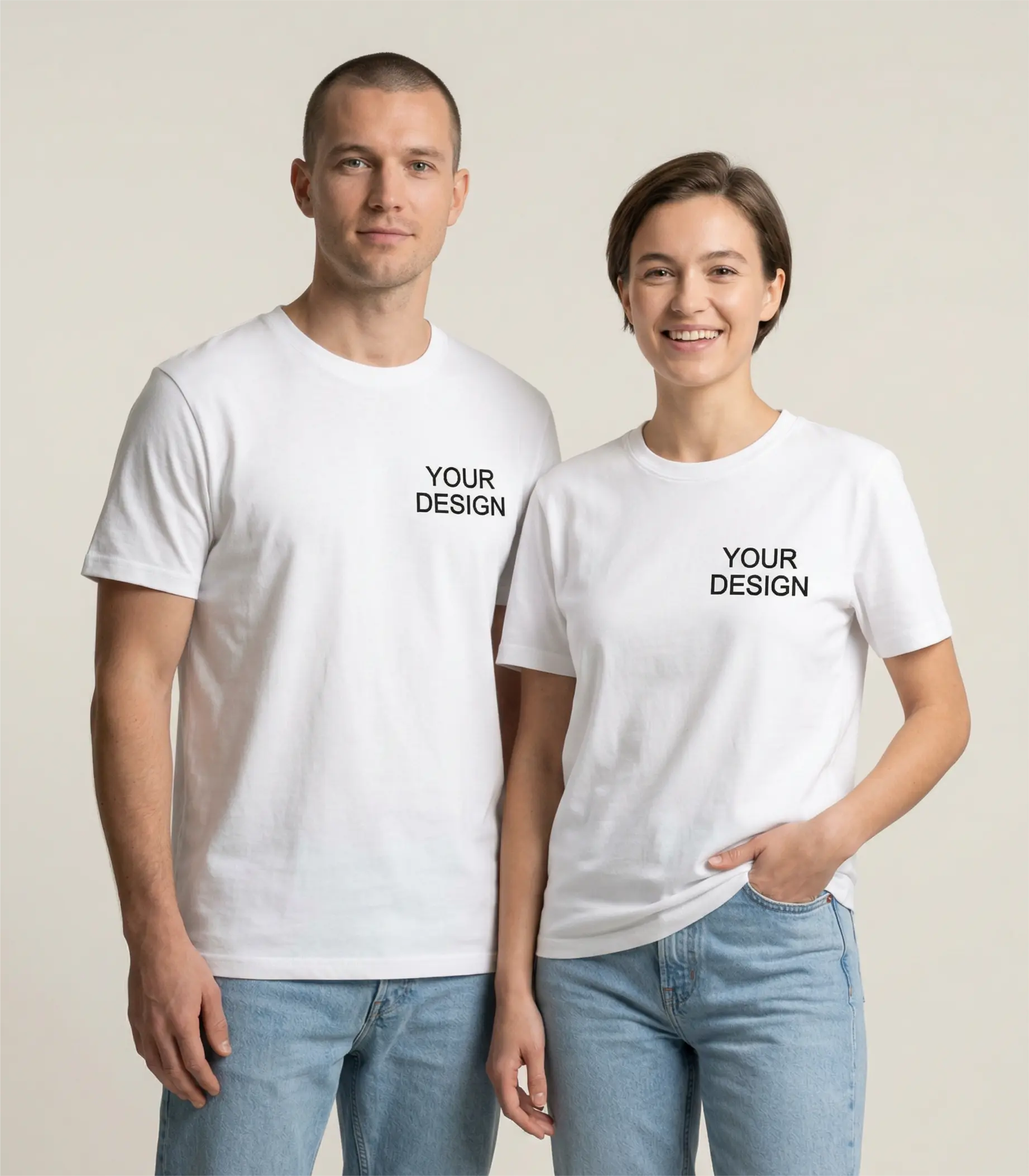 Comfortable Fair Trade organic cotton sweatshirt, embroidered with a logo for B2B use. The model showcases the sustainable teamwear with high-quality 'Your Logo' embroidery on the left chest.
