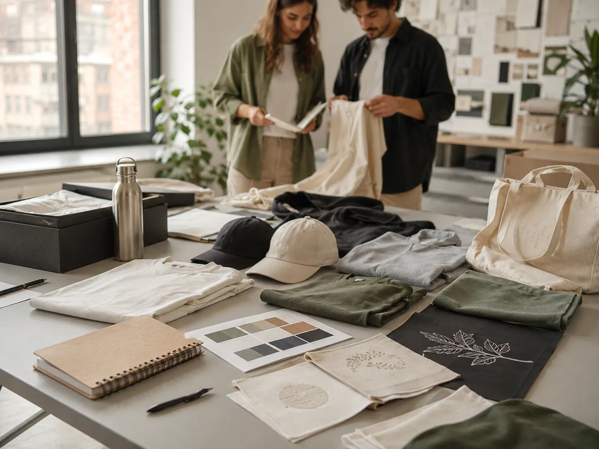 Two people select shirts, hoodies, and bags in beige, gray, green, and black, along with color swatches and a water bottle, product selection for sustainable textiles