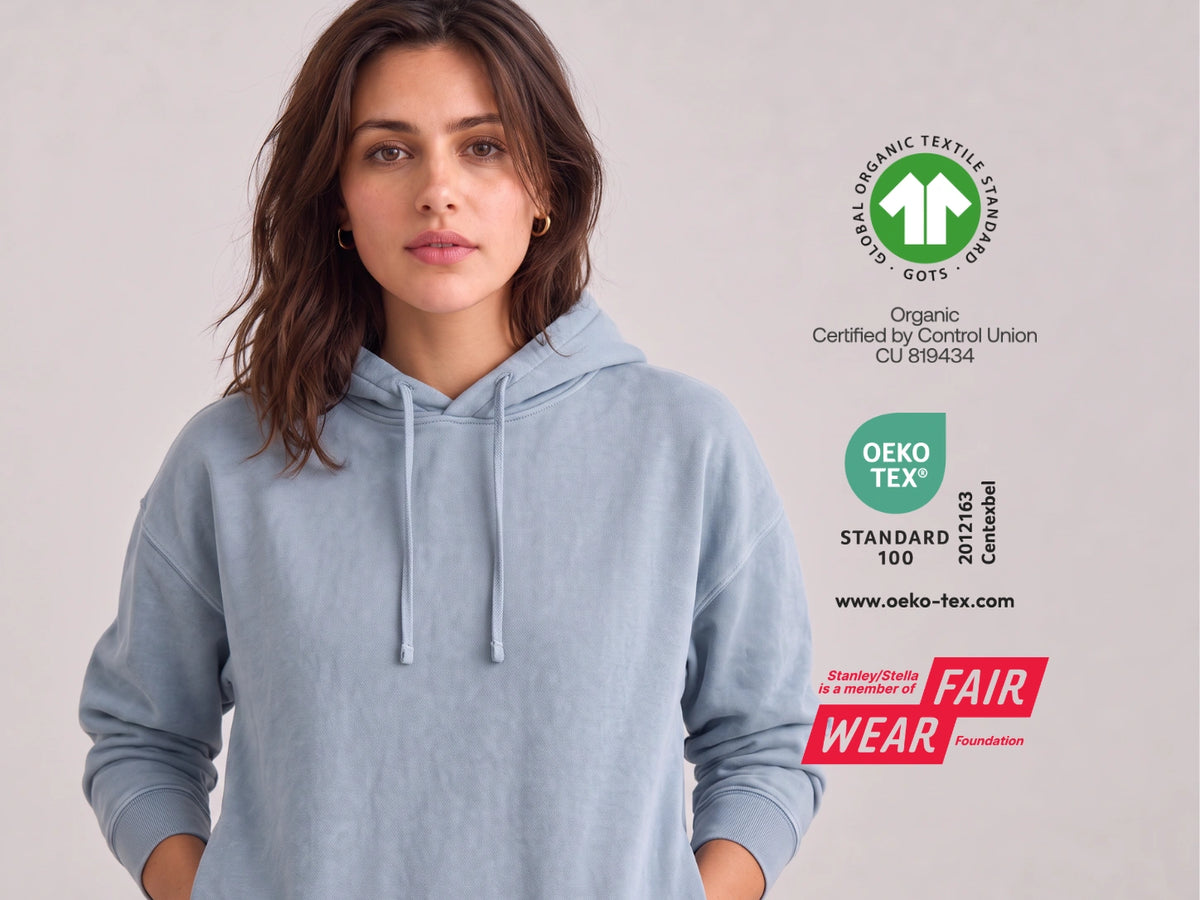 Frau im hellblauen Stanley/Stella-T-Shirt. Daneben die Zeichen für GOTS Organic, OEKO-TEX STANDARD 100 und die Fair-Wear-Mitgliedschaft von Stanley/Stella.