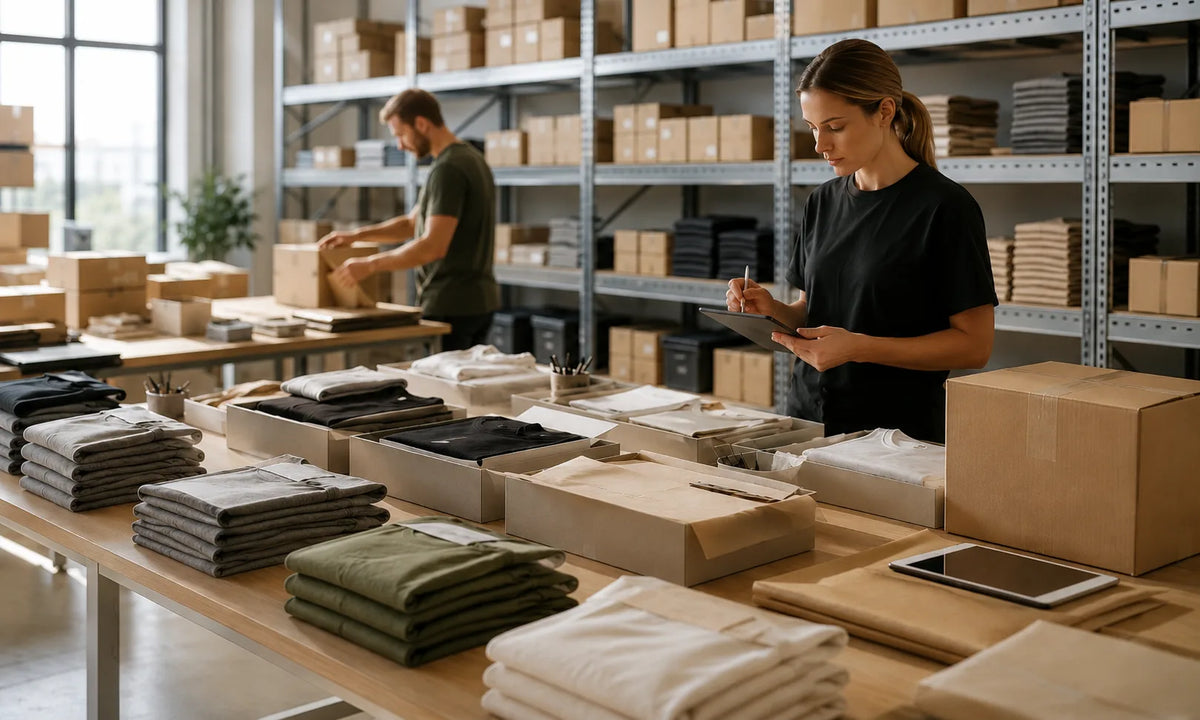 Zwei Personen im Lager prüfen Pakete und ein Tablet vor Regalen mit gefalteten Textilien, Beispiel für strukturiertes Fulfillment