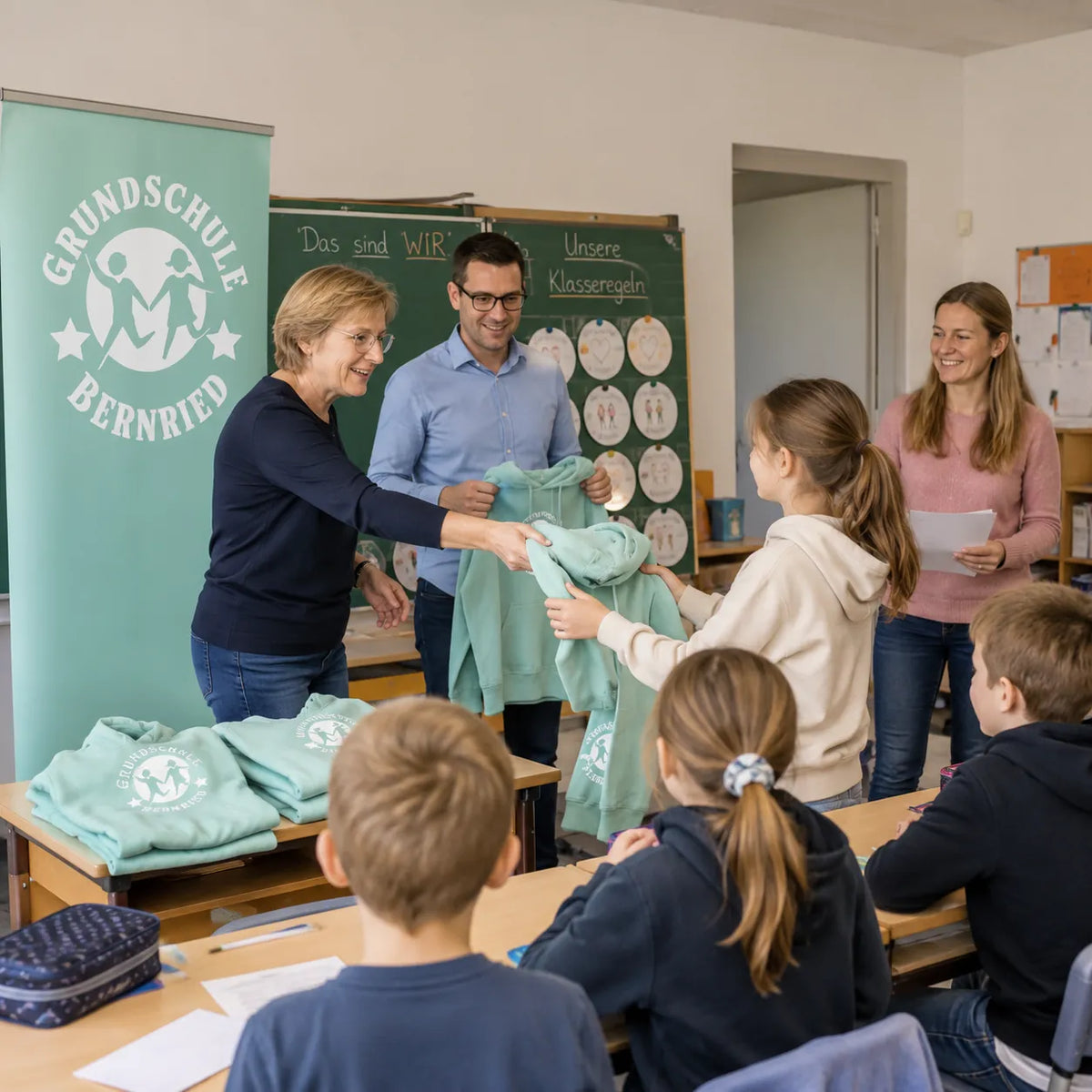 Nachhaltige Schulkleidung für die Grundschule Bernried: Individuell bedruckte Kinder-Hoodies und T-Shirts aus Fair-Trade-Bio-Baumwolle.