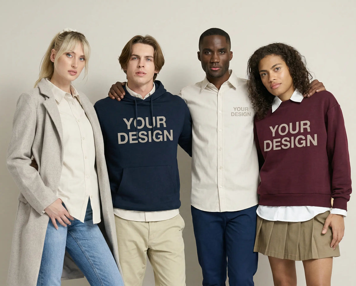 Pullover in verschiedenen Schnitten, Stoffen und Materialien Sweatshirts und Pullover mit Models.