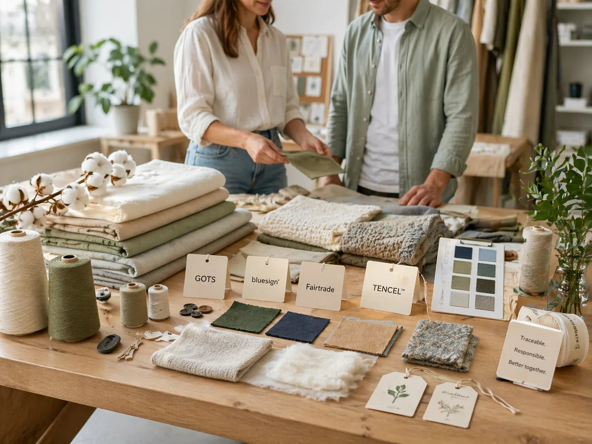 Sustainable materials and certifications such as organic cotton, Tencel, rPET, GOTS or Fairtrade