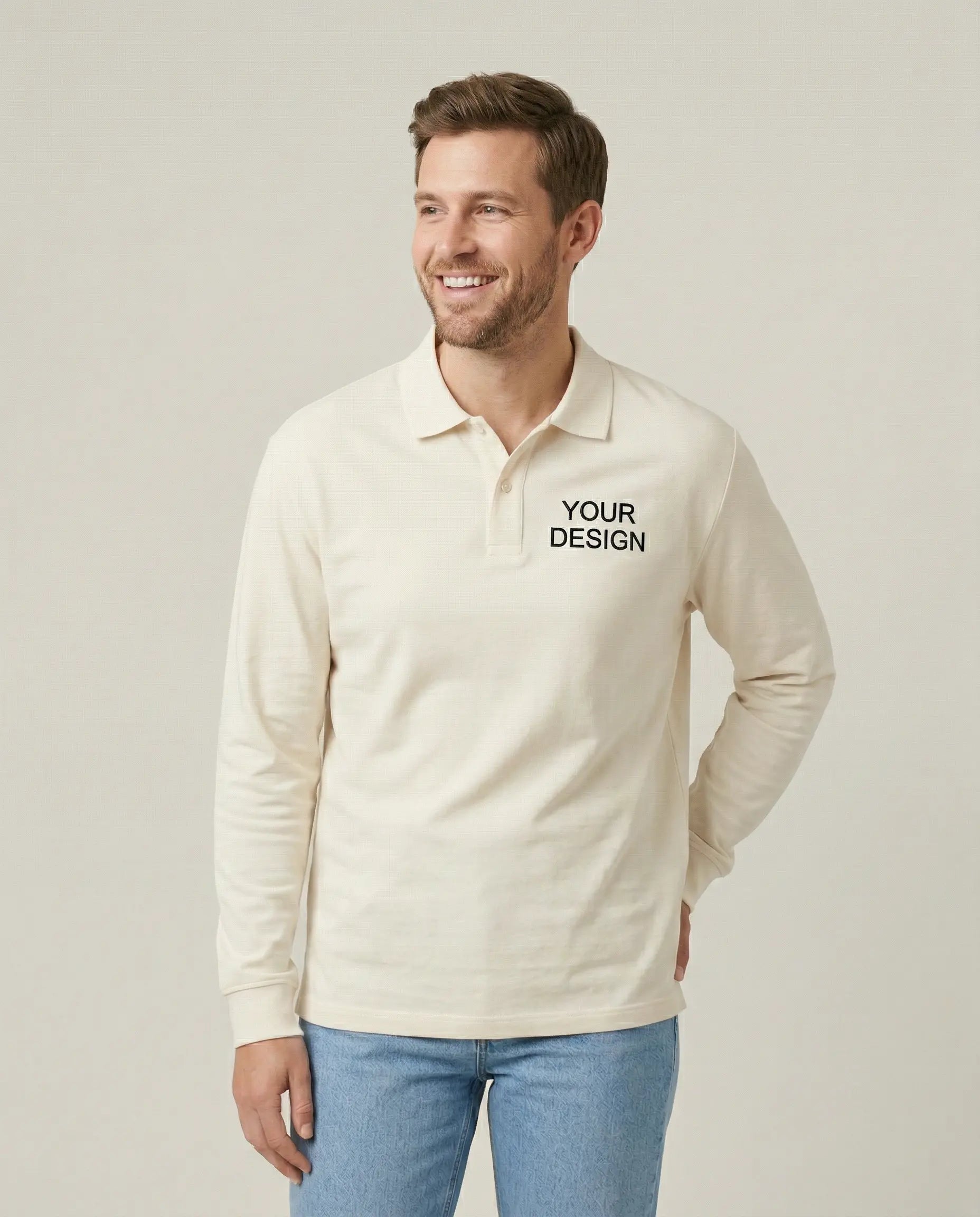 Sustainable T-shirt made from Fair Trade organic cotton, printed with a logo as corporate fashion. A model presents the shirt for illustration purposes with the 'Your Logo' placeholder on the left chest.
