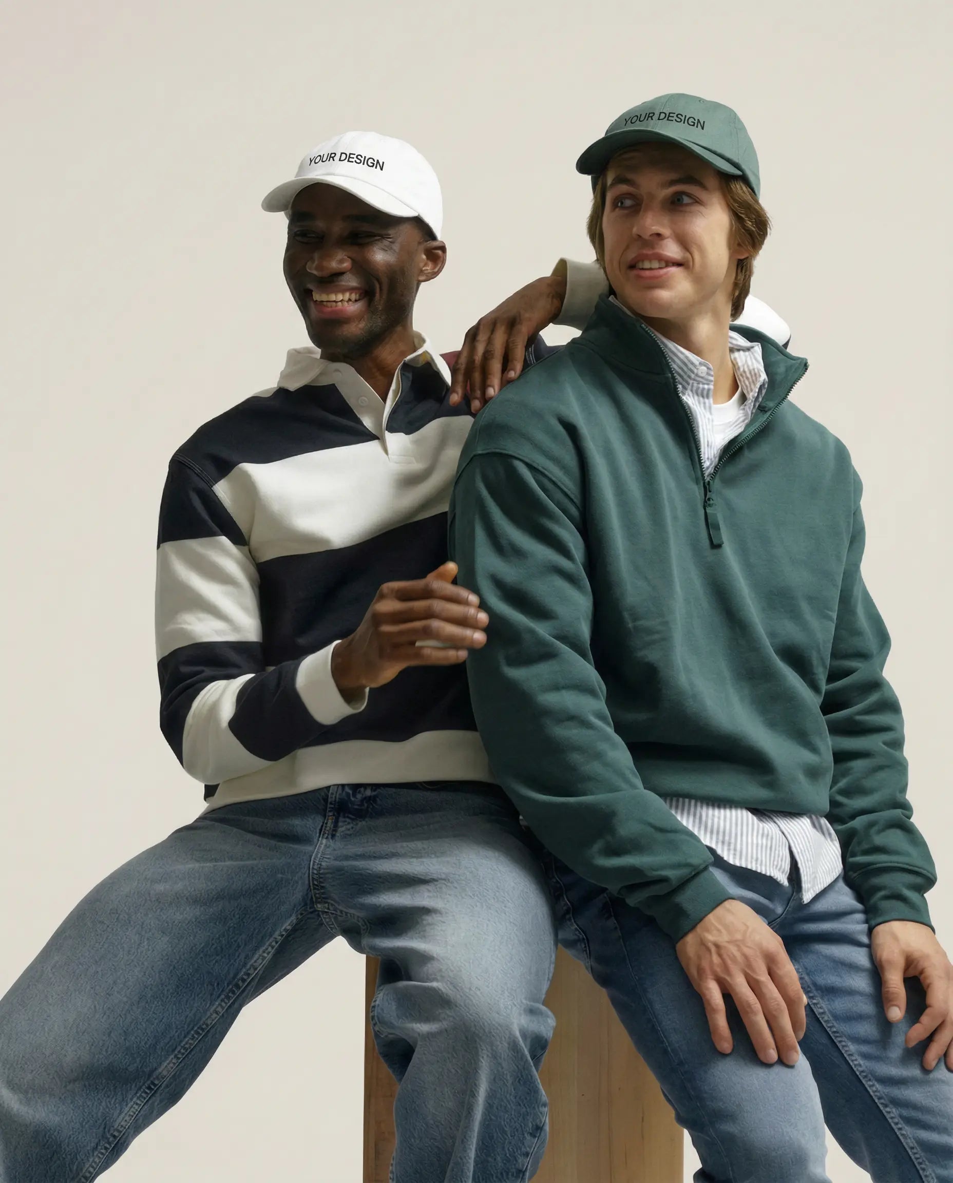 Sustainable T-shirt made from Fair Trade organic cotton, printed with a logo for corporate fashion. A model is showcasing the shirt for illustration purposes with the placeholder 'Your Logo' on the left chest.