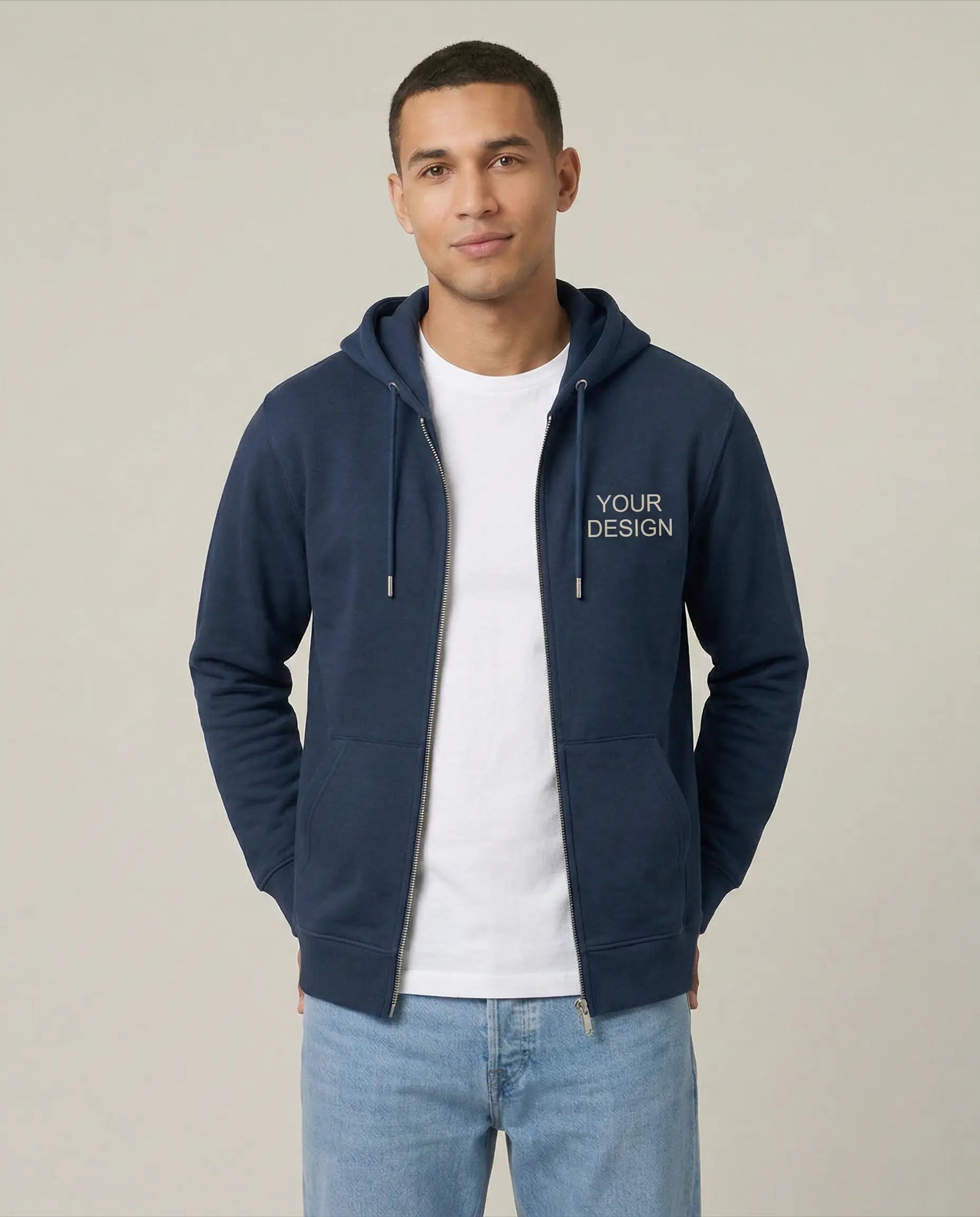 Sustainable T-shirt made from Fair Trade organic cotton, printed with a logo as corporate fashion. A model presents the shirt for illustration with the placeholder 'Your Logo' on the left chest.