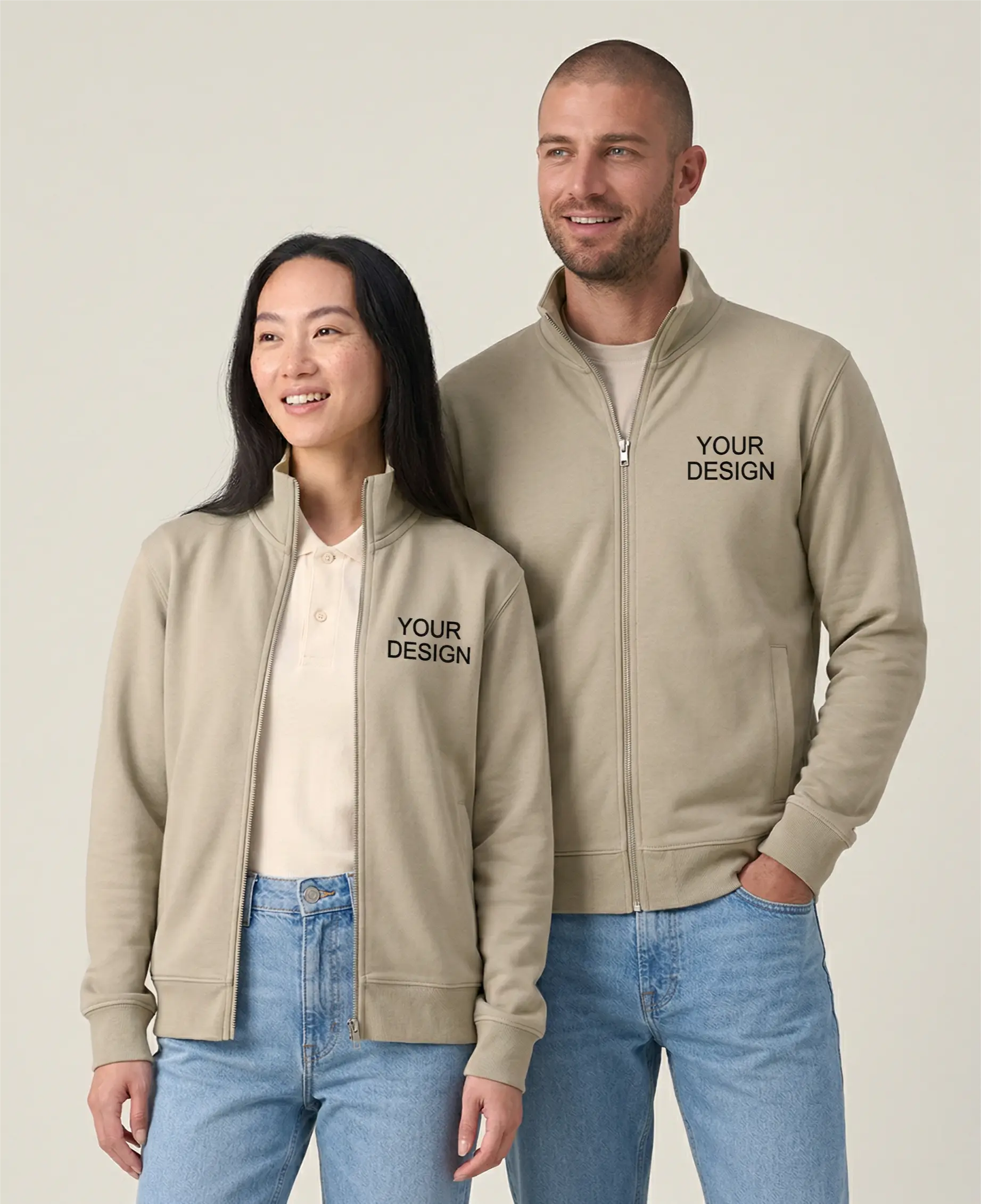 Comfortable Fair Trade sweatshirt made from organic cotton, with embroidered logo for B2B use. The model shows sustainable teamwear with high-quality 'Your Logo' embroidery on the left chest.
