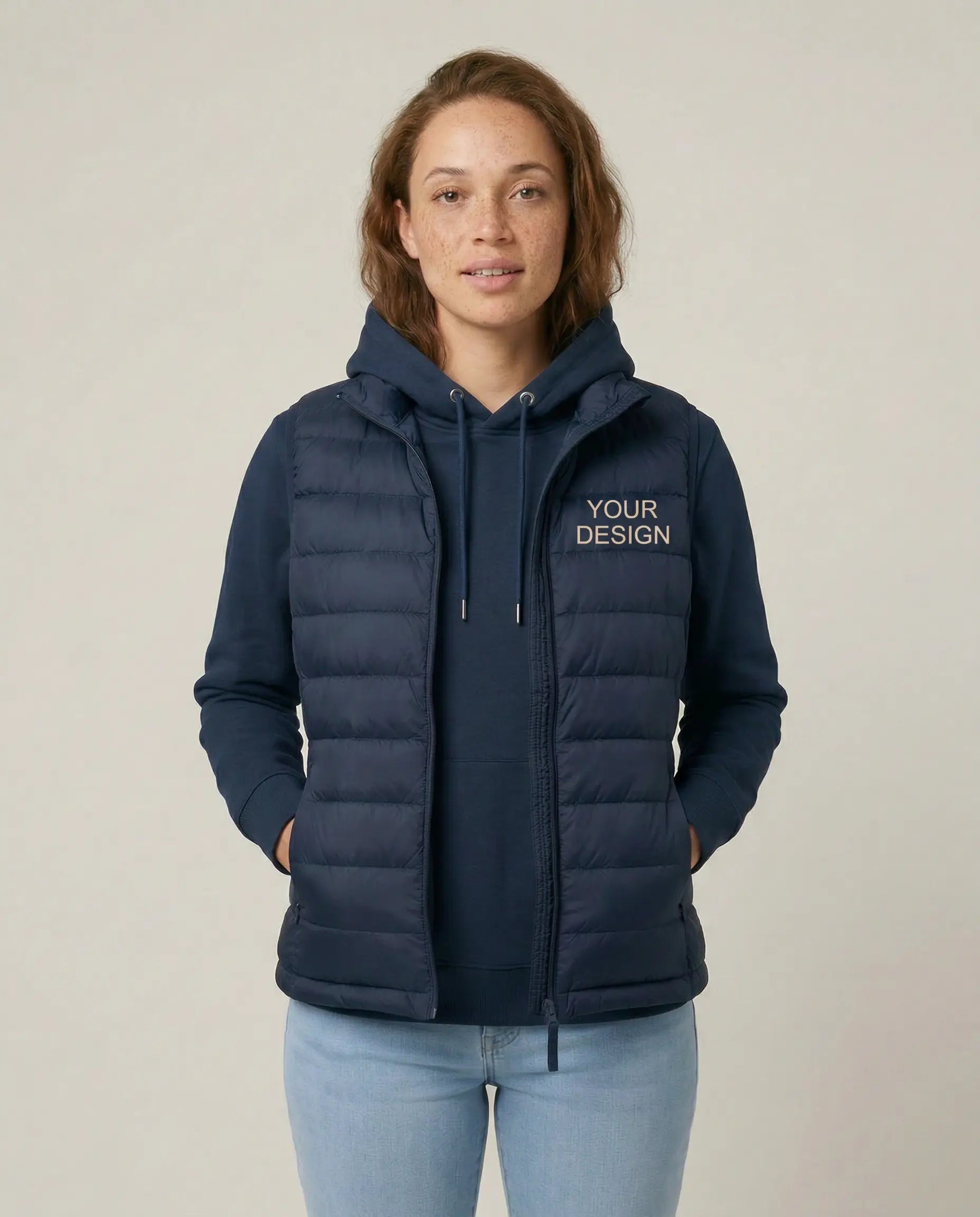 Classic organic cotton polo shirt, embroidered with a logo for presentable and fair corporate fashion. Worn by a model, with the perfectly placed embroidery 'Your Logo' on the left chest.