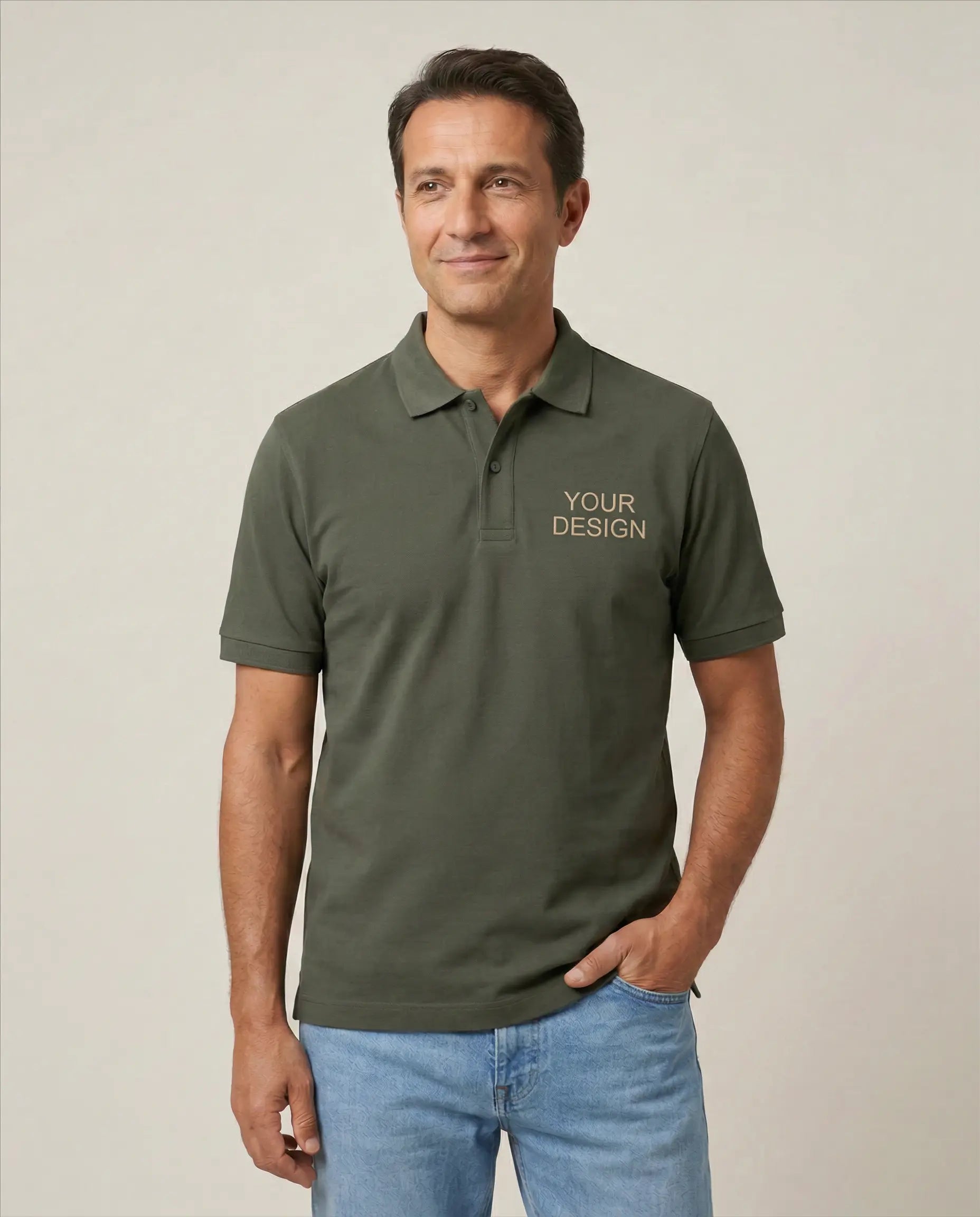Weatherproof, sustainably produced jacket embroidered with a logo as functional Fair Trade team merchandise. A model presents the field service clothing with the exemplary lettering 'Your Logo' on the left chest.