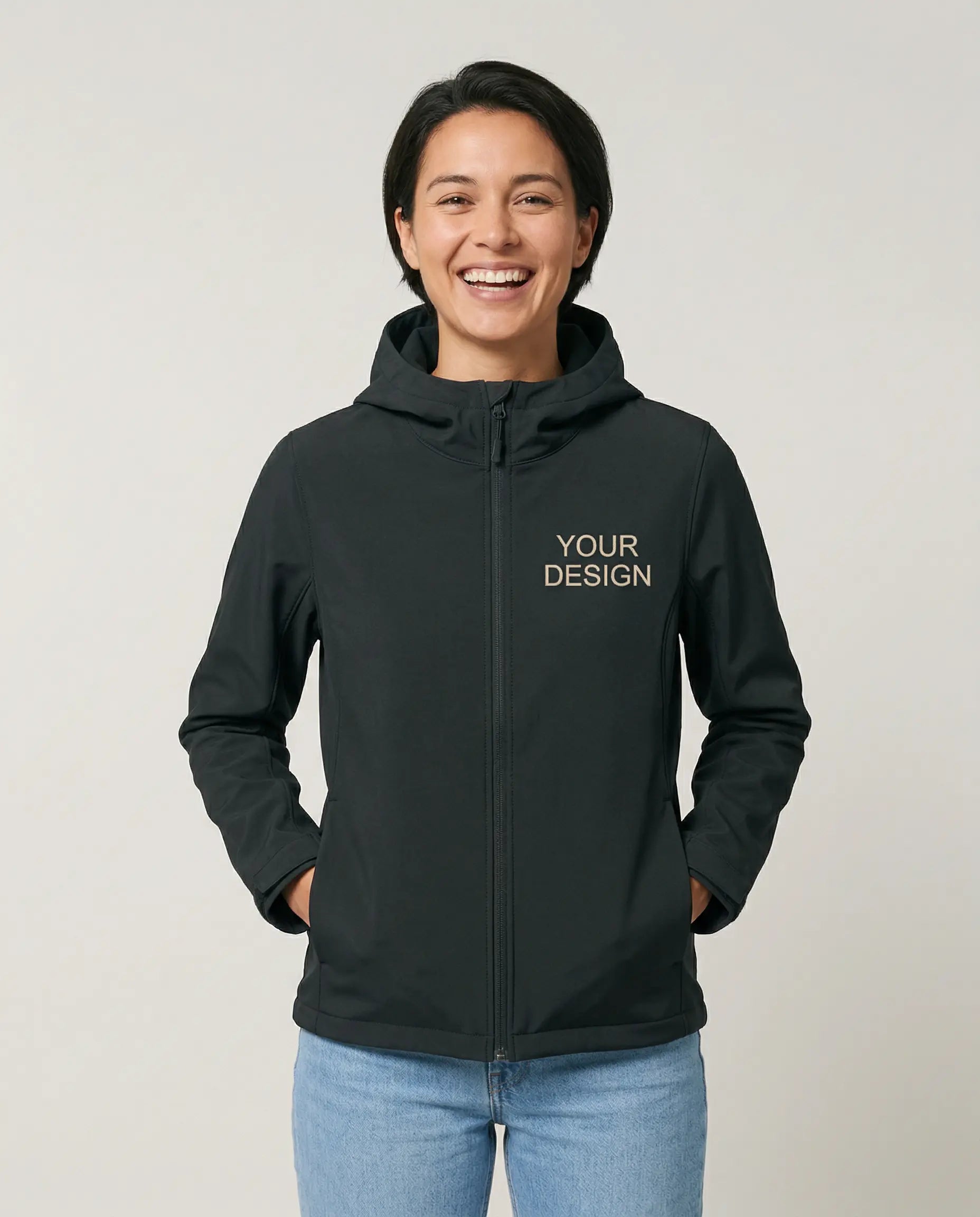 Sustainable T-shirt made from Fair Trade organic cotton, printed with a logo as corporate fashion. A model is showcasing the shirt for illustration purposes, with the placeholder 'Your Logo' on the left chest.