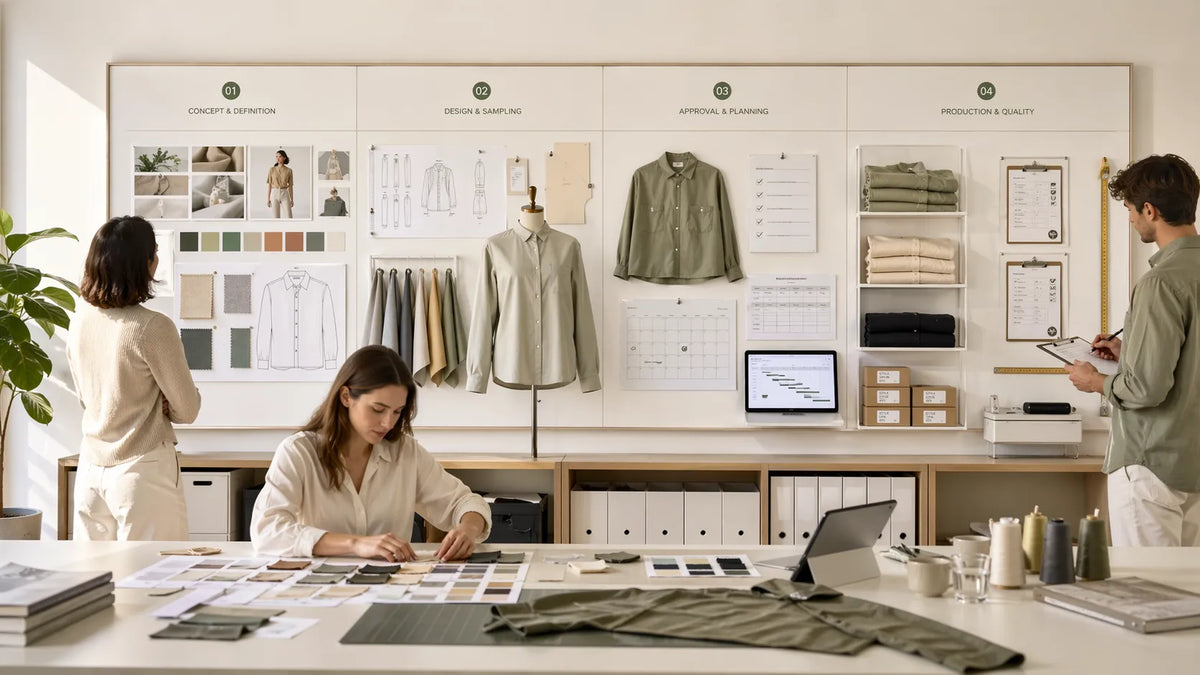 Zwei Personen bei der Produktentwicklung vor einer Wand mit Stoffmustern und Kleidungsstücken, eine sitzt an einem Tisch mit Farbmustern, Beispiel für klar entwickelte und sicher umgesetzte Textilprojekte