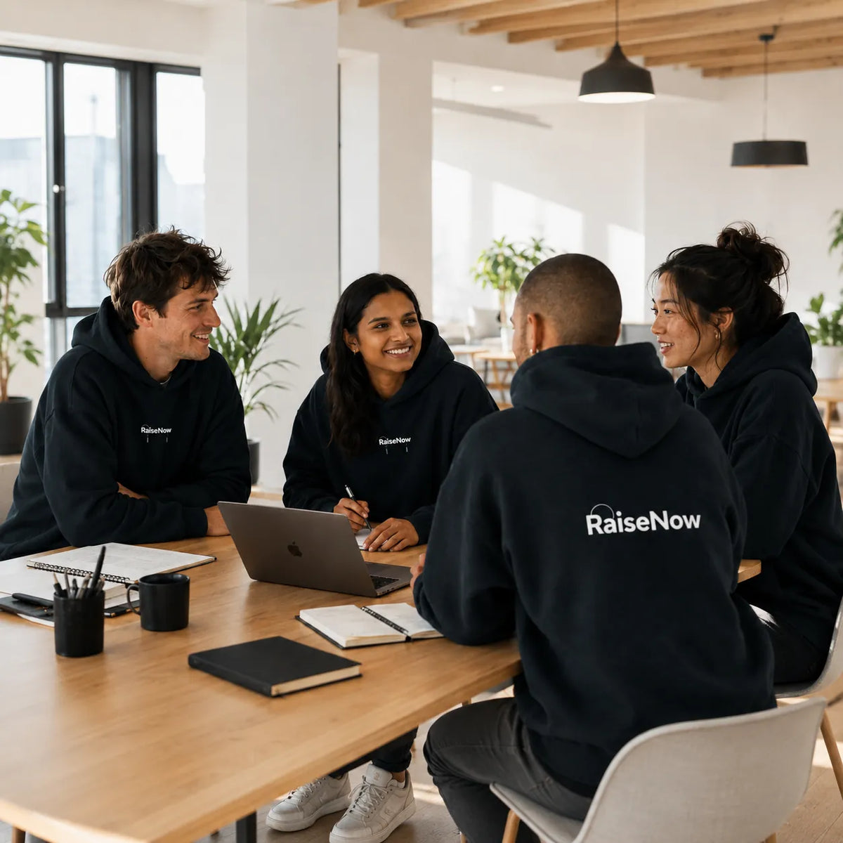 Nachhaltige RaiseNow Corporate Fashion: Schwarze Bio-Baumwoll-Hoodies und T-Shirts mit hochwertigem weißem Logostick und DTF-Rückendruck.