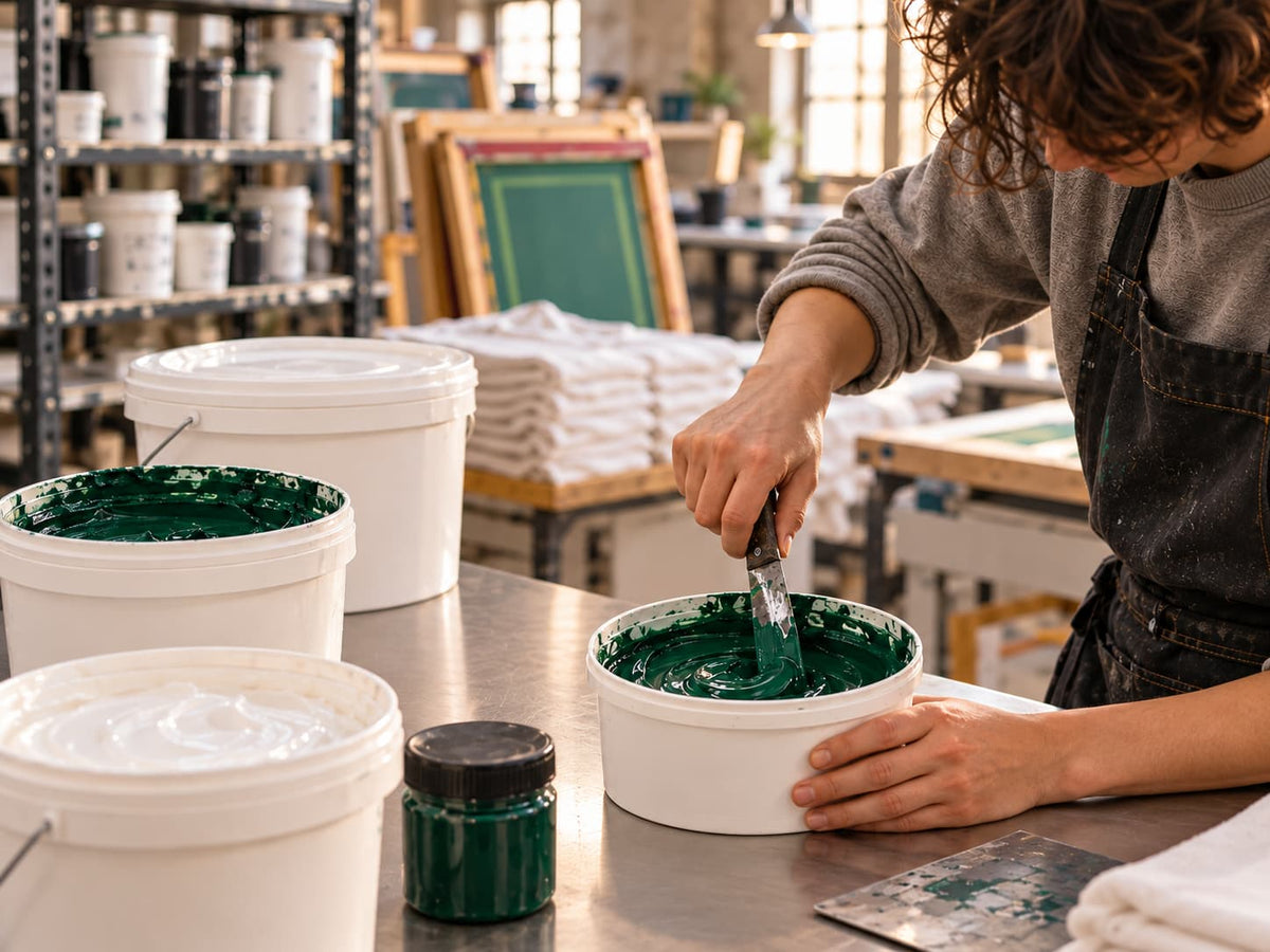 Person mischt grüne Siebdruckfarbe an einem Arbeitsplatz mit Farbeimern; im Hintergrund liegen T-Shirts und Siebrahmen.