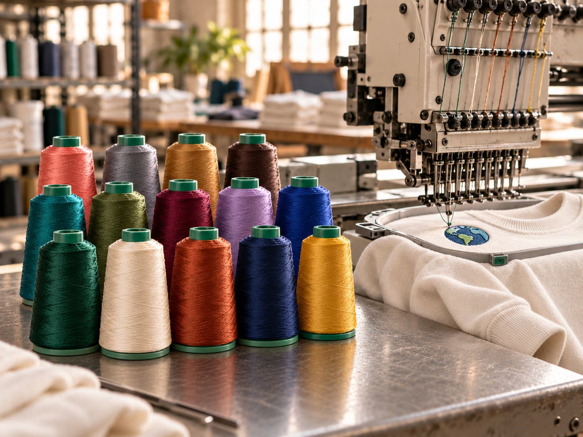 Farbige Stickgarnspulen neben einer Stickmaschine, die ein Erdmotiv auf ein helles Sweatshirt stickt.
