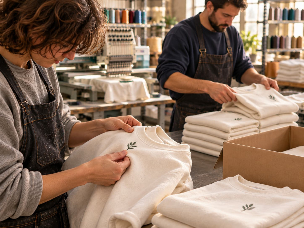 Eine Person prüft die Stickerei eines Sweatshirts, während eine zweite Sweatshirts für den Versand faltet.