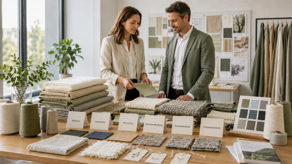 Two people examining fabric samples with material cards detailing origin, supply chain, recycling, and pollutant testing, an example of how to classify textile certificates and seals