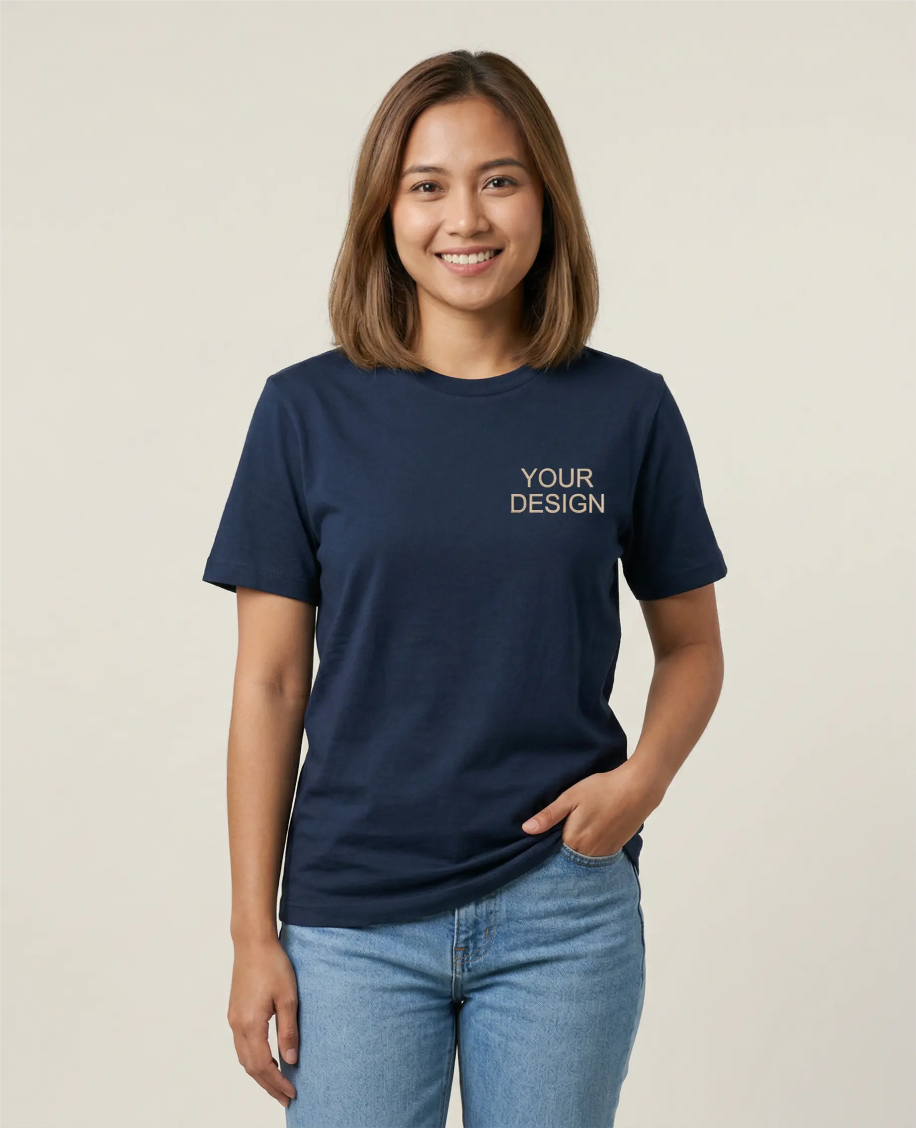 Comfortable Fair Trade sweatshirt made from organic cotton, embroidered with a logo for B2B use. The model is showcasing the sustainable teamwear with high-quality 'Your Logo' embroidery on the left chest.