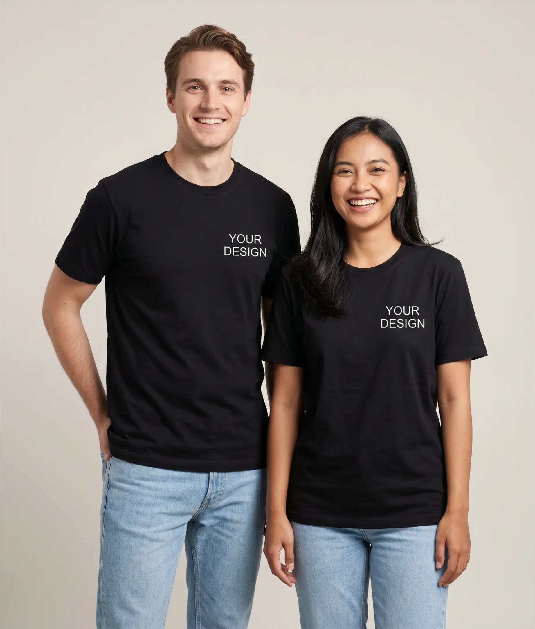 Sustainable T-shirt made from Fair Trade organic cotton, printed with a logo as corporate fashion. A model is showcasing the shirt for illustration purposes, with the placeholder 'Your Logo' on the left chest.