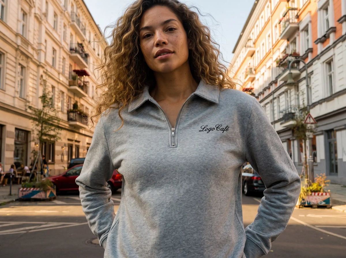 Frau trägt ein graumeliertes Unisex-Polo-Sweatshirt mit kurzem Reißverschluss und Logo-Café-Stickerei auf der Brust – Stanley/Stella Proper STSU273 in Heather Grey.