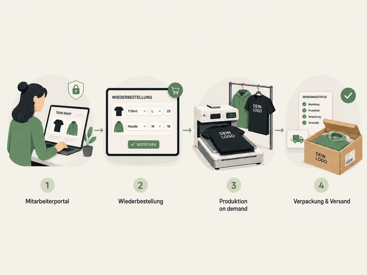 Four-step illustration from employee portal through webshop and on-demand production to fulfillment box, example for webshops and print-on-demand ordering processes