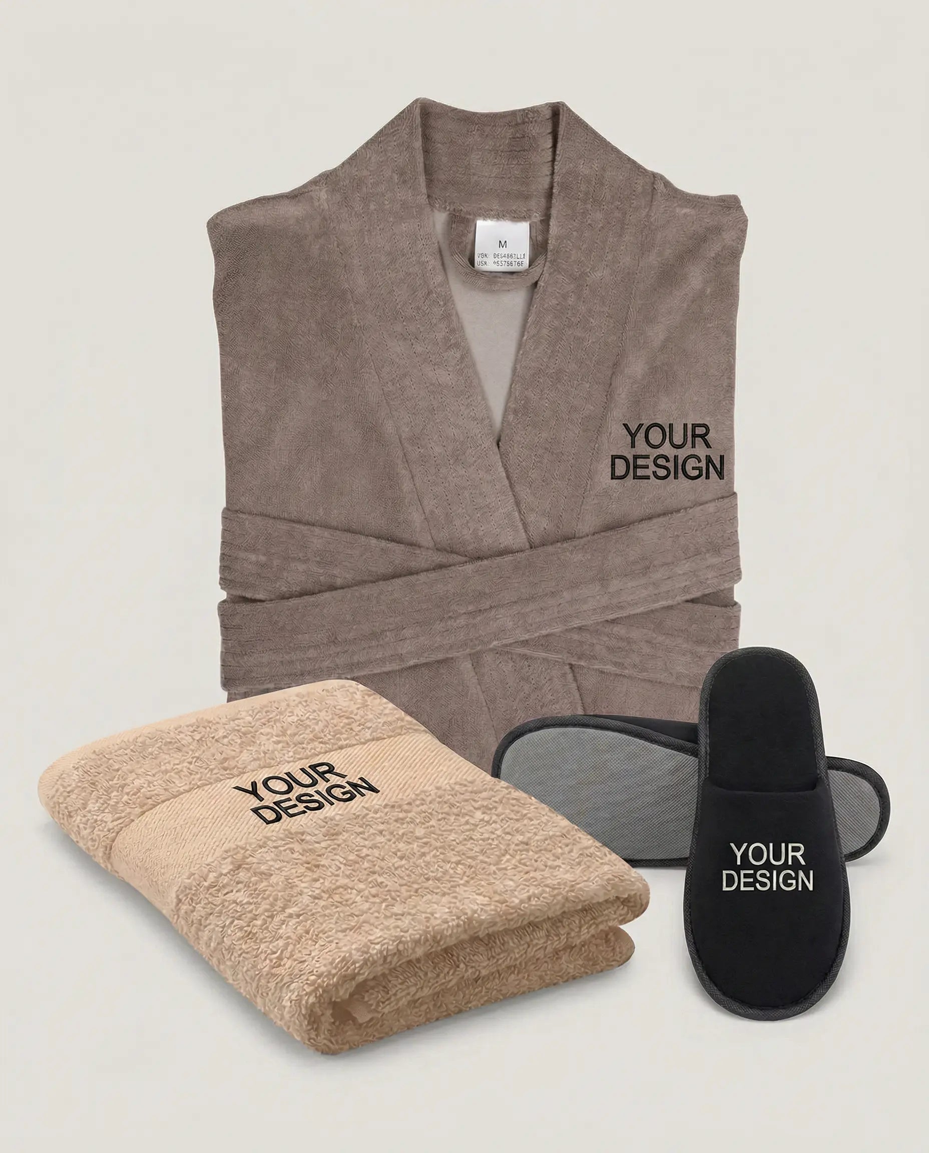 Weatherproof, sustainably produced jacket embroidered with a logo as functional Fair Trade team merchandise. A model presents the field staff clothing with the exemplary lettering 'Your Logo' on the left chest.