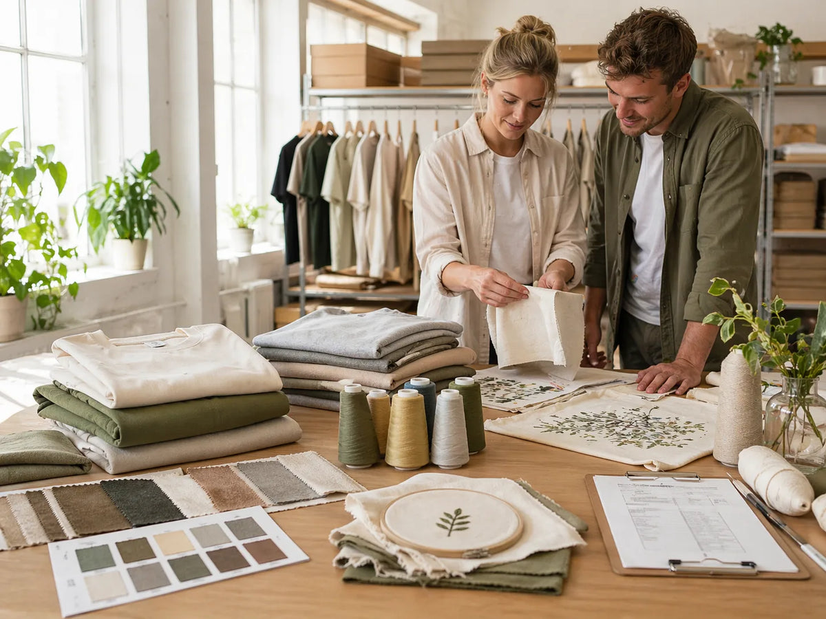 Two people are examining a light-colored fabric, with spools of yarn and folded textiles in earth tones in the foreground, serving as an example of how certifications are product-specific and cannot be compared on a blanket basis.
